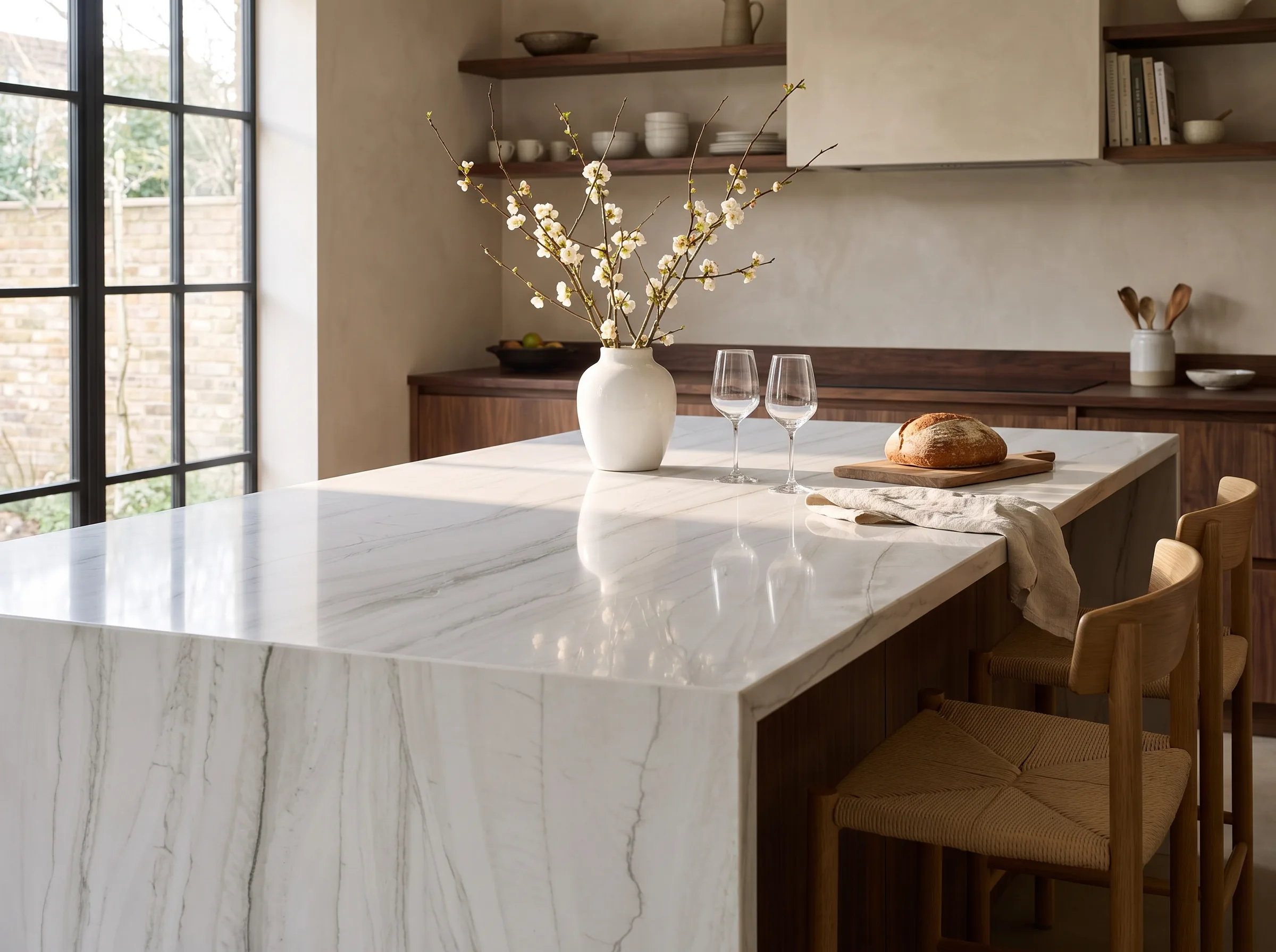 Mykonos quartzite as a polished waterfall island in a walnut kitchen, visualized