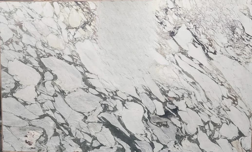 Calacatta Viola honed, marble slab in the Dallas showroom